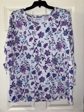 Woman Within White Long Sleeve Floral Tee in Purple & Teal